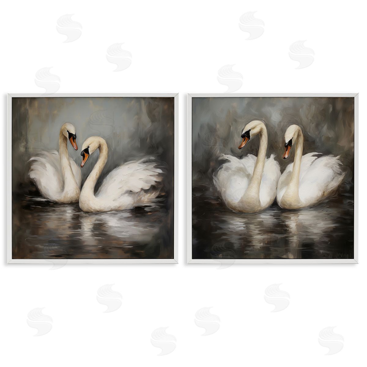 Twin Swans with Reflections White Frame Print Wall Art, Home Decor by Novae