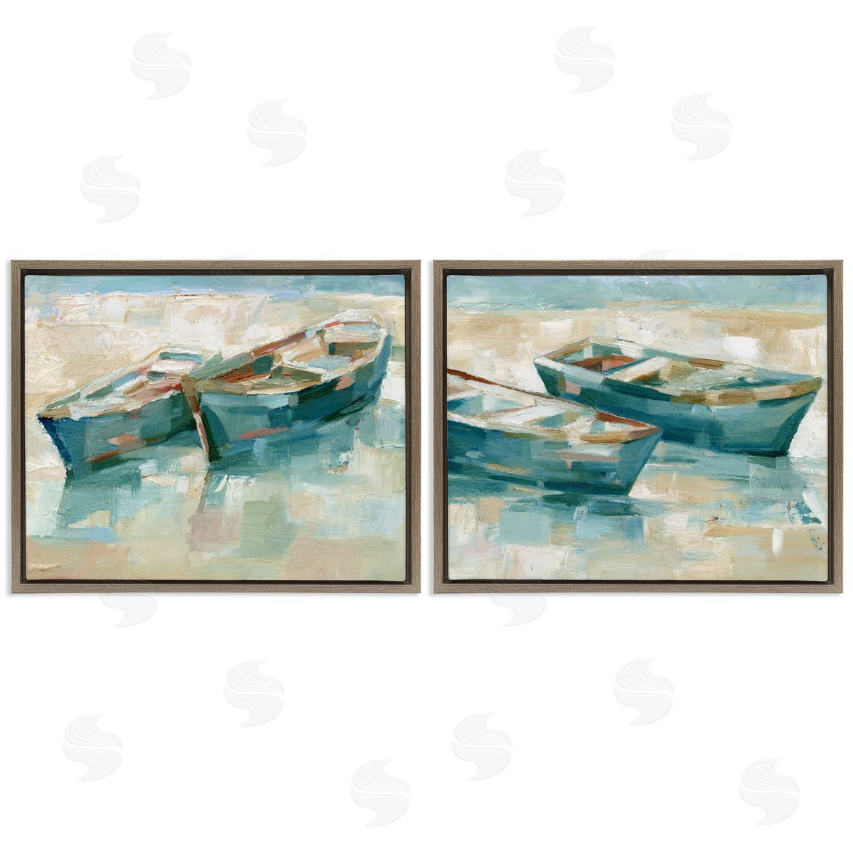 Rowboat Pairs Washed Ashore Brown Floating Frame Canvas Wall Art, Home Decor by Ethan Harper