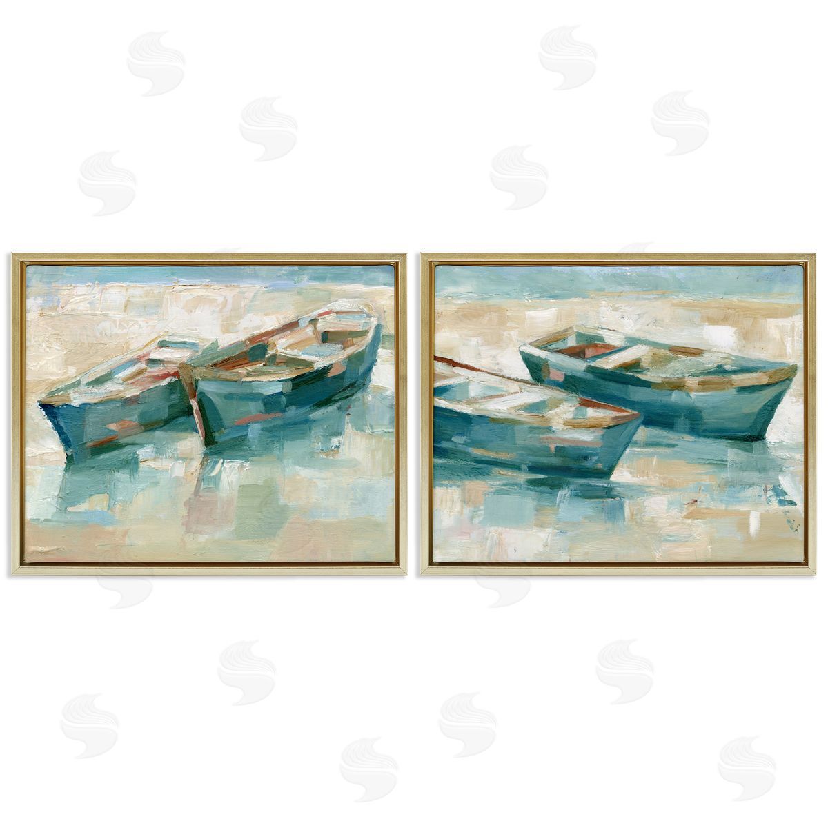 Rowboat Pairs Washed Ashore Gold Floating Frame Canvas Wall Art, Home Decor by Ethan Harper