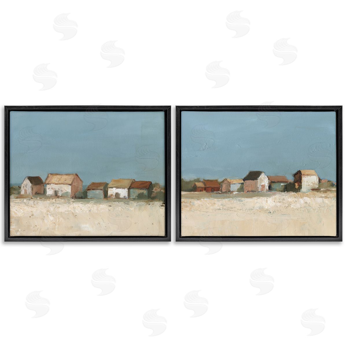 Country Houses in Distance Black Floating Frame Canvas Wall Art, Home Decor by Ethan Harper