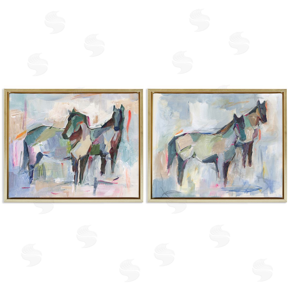 Ambiguous Horse Visages Gold Floating Frame Canvas Wall Art, Home Decor by Ethan Harper