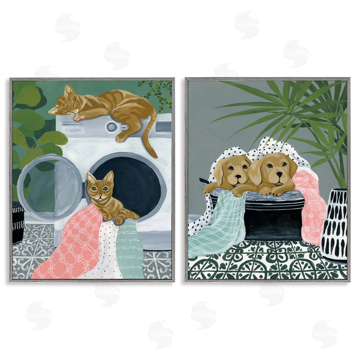 Cats & Dogs Laundry Room Grey Frame Print Wall Art, Home Decor by Yvette St. Amant