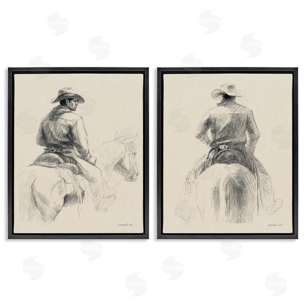 Sketched Cowboy on Range Black Floating Frame Canvas Wall Art, Home Decor by Danhui Nai
