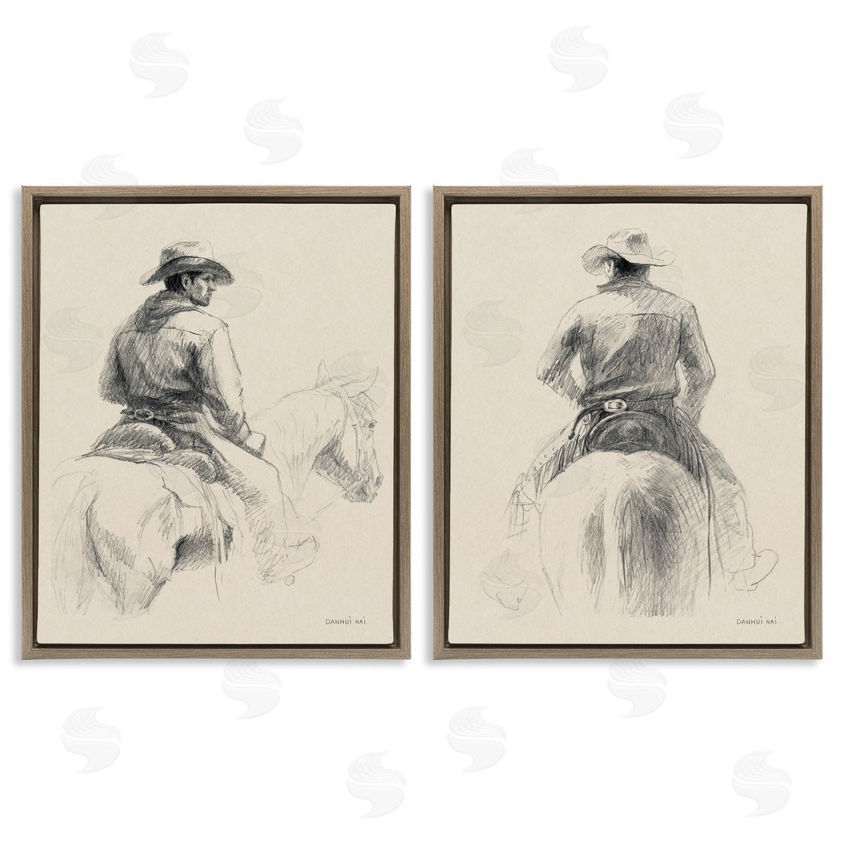 Sketched Cowboy on Range Brown Floating Frame Canvas Wall Art, Home Decor by Danhui Nai