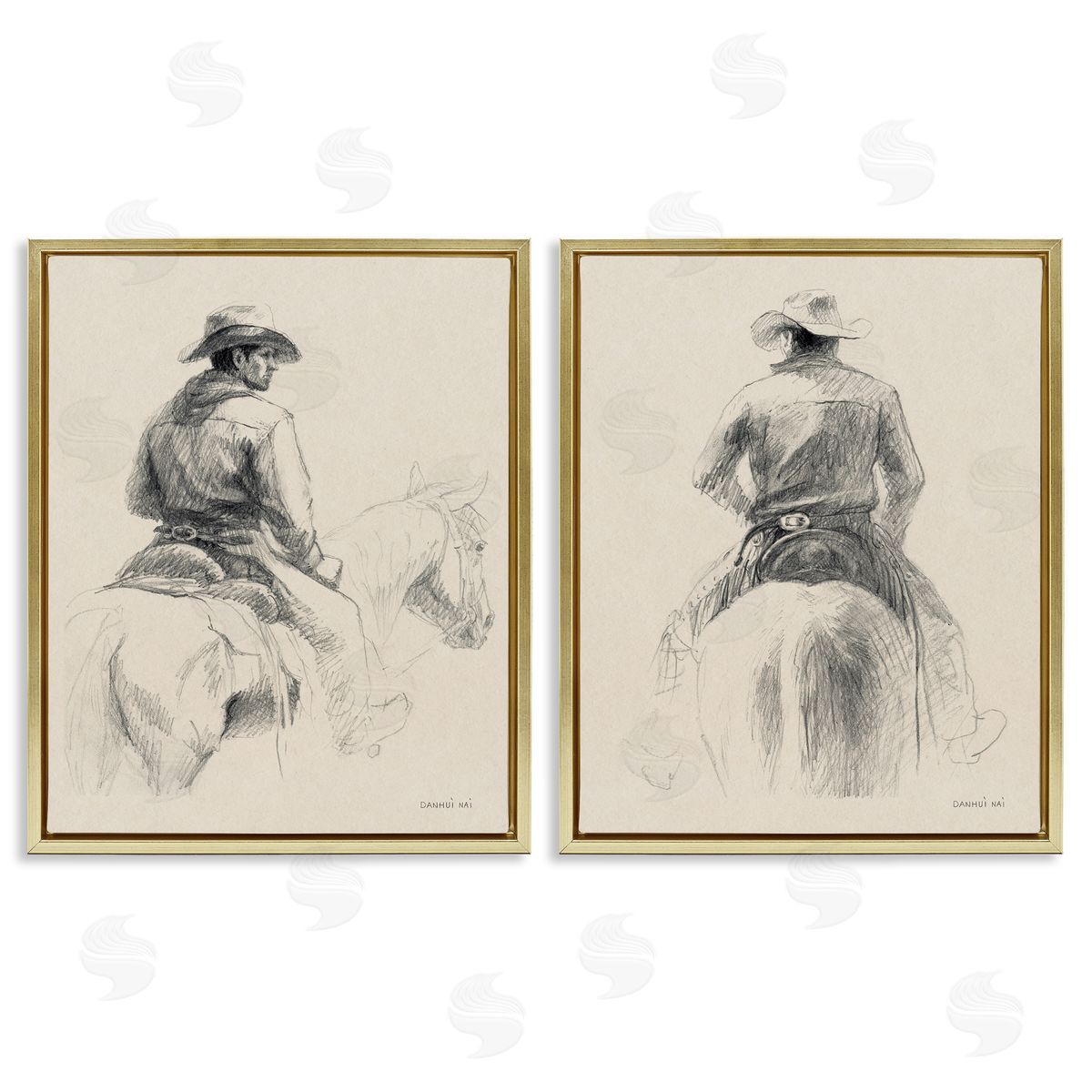 Sketched Cowboy on Range Gold Floating Frame Canvas Wall Art, Home Decor by Danhui Nai