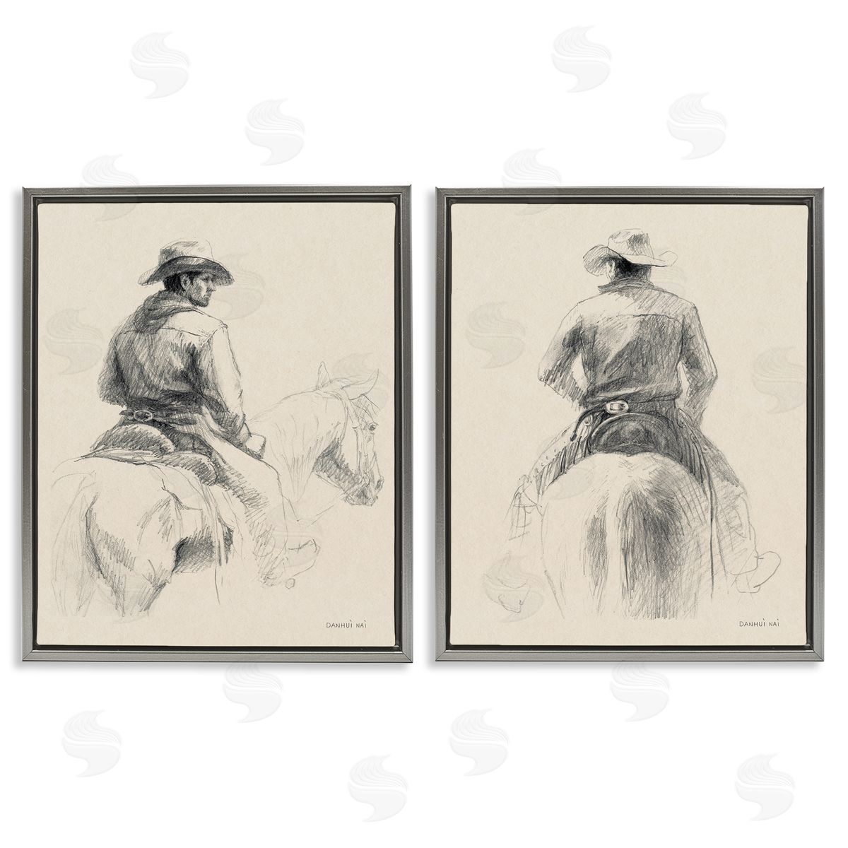 Sketched Cowboy on Range Grey Floating Frame Canvas Wall Art, Home Decor by Danhui Nai