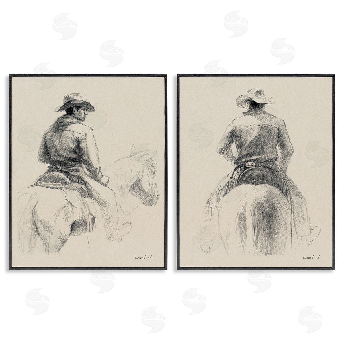 Sketched Cowboy on Range Black Frame Print Wall Art, Home Decor by Danhui Nai