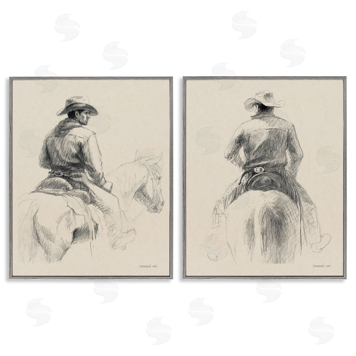 Sketched Cowboy on Range Grey Frame Print Wall Art, Home Decor by Danhui Nai