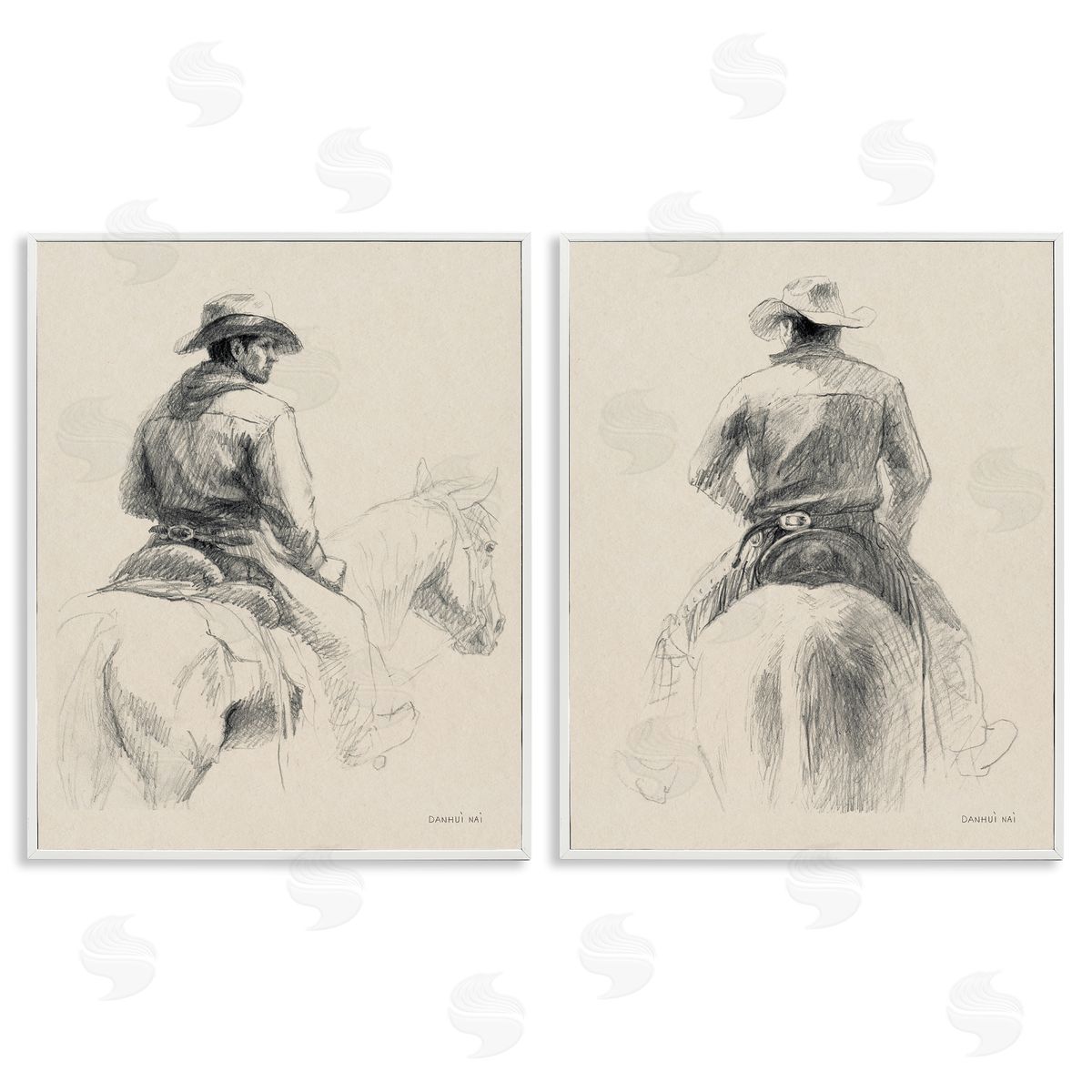 Sketched Cowboy on Range White Frame Print Wall Art, Home Decor by Danhui Nai