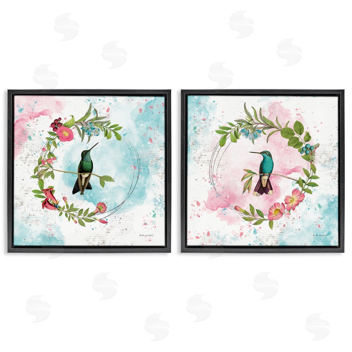 Hummingbirds in Wreaths Black Floating Frame Canvas Wall Art, Home Decor by Katie Pertiet