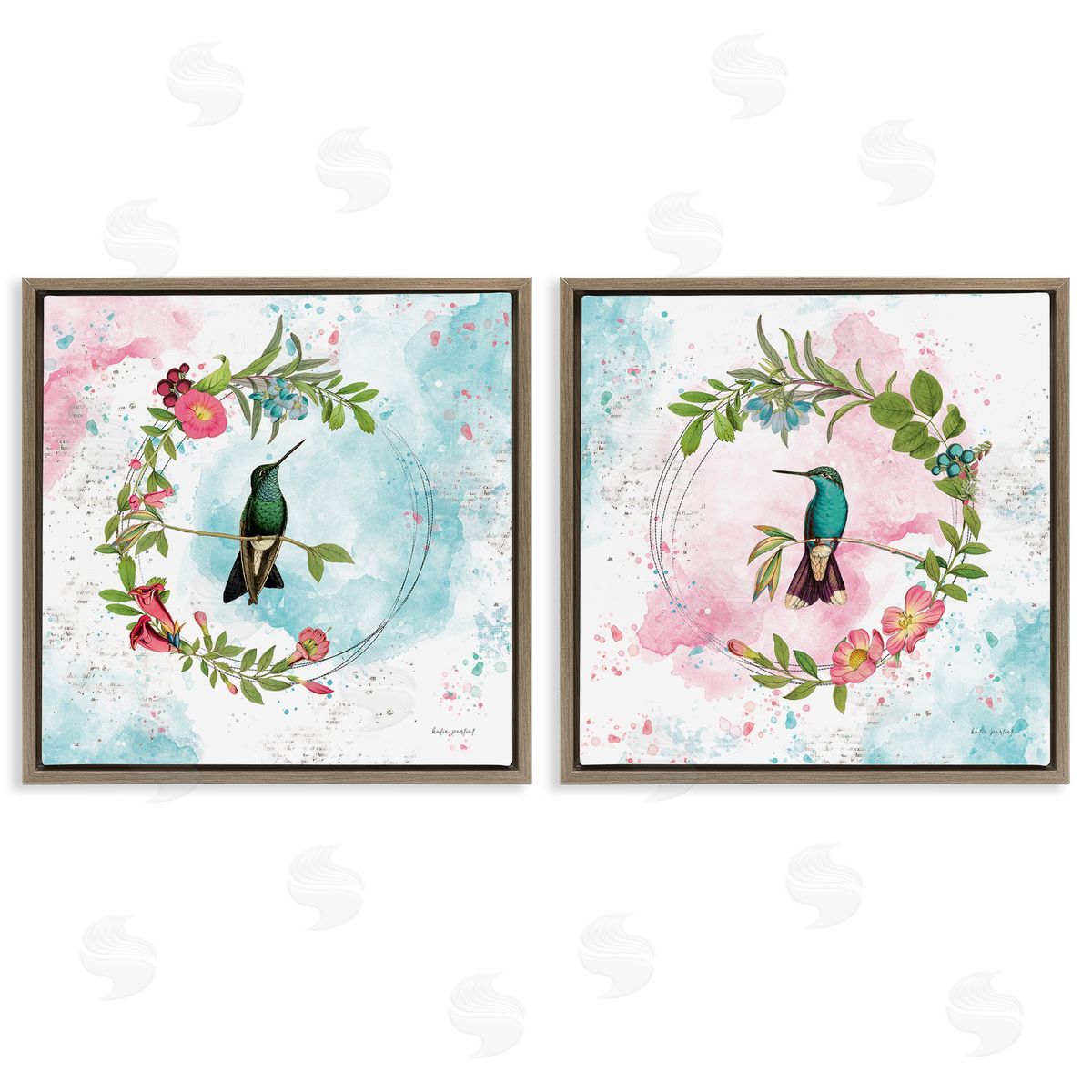 Hummingbirds in Wreaths Brown Floating Frame Canvas Wall Art, Home Decor by Katie Pertiet