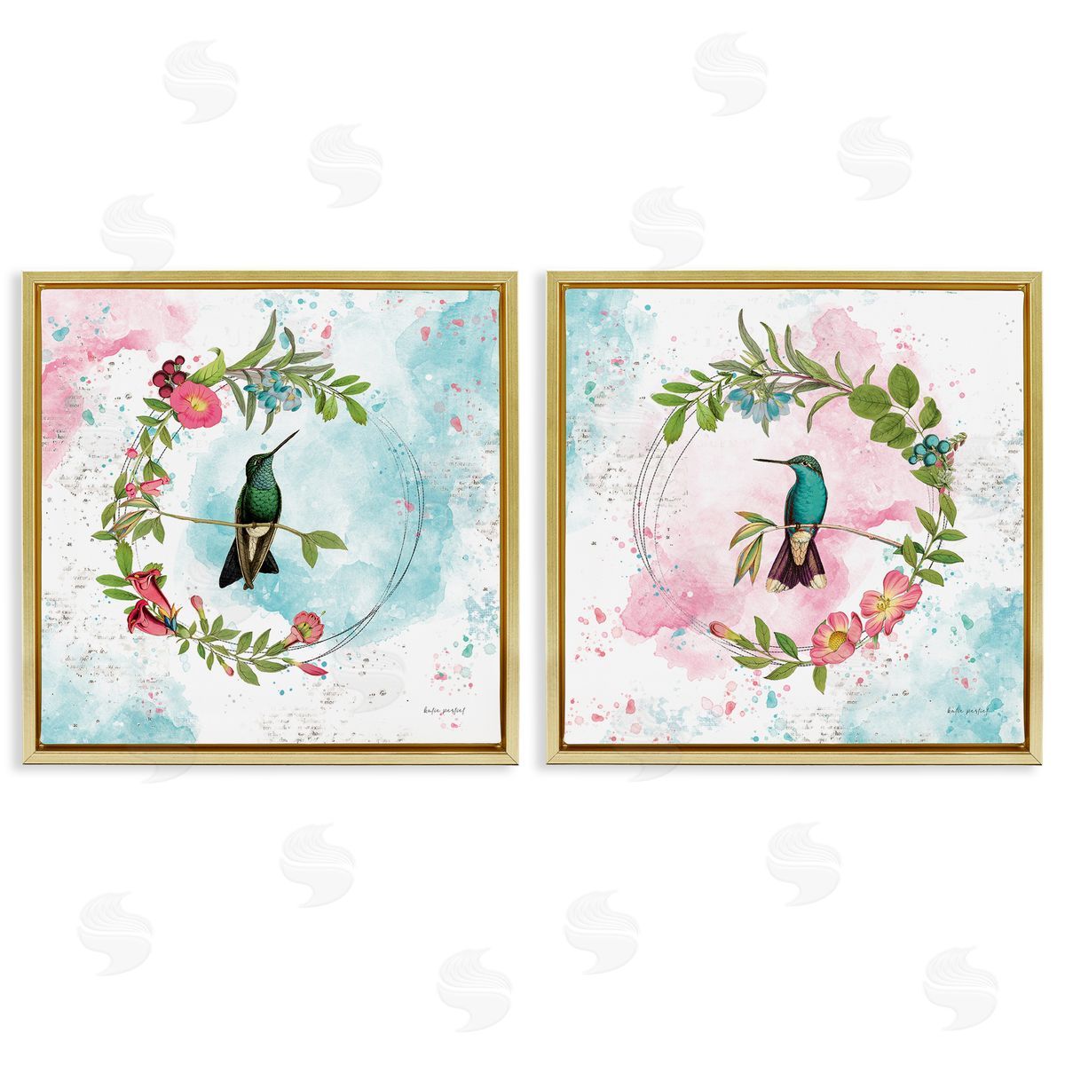 Hummingbirds in Wreaths Gold Floating Frame Canvas Wall Art, Home Decor by Katie Pertiet