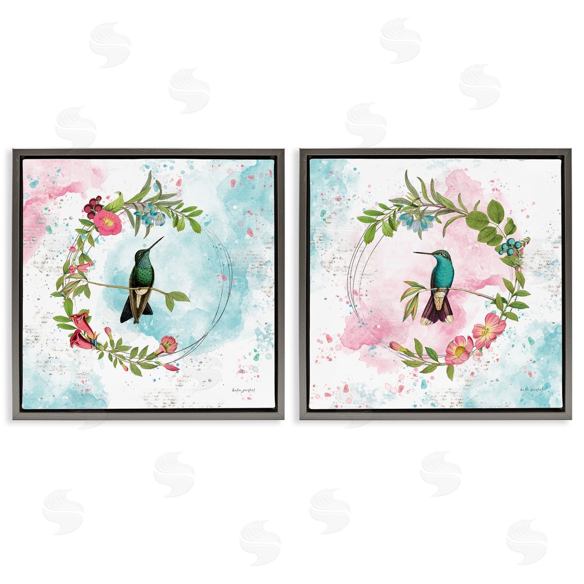 Hummingbirds in Wreaths Grey Floating Frame Canvas Wall Art, Home Decor by Katie Pertiet