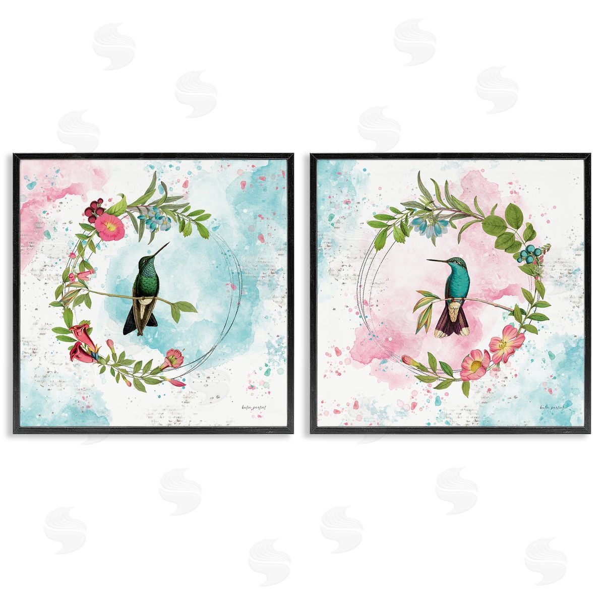 Hummingbirds in Wreaths Black Frame Print Wall Art, Home Decor by Katie Pertiet