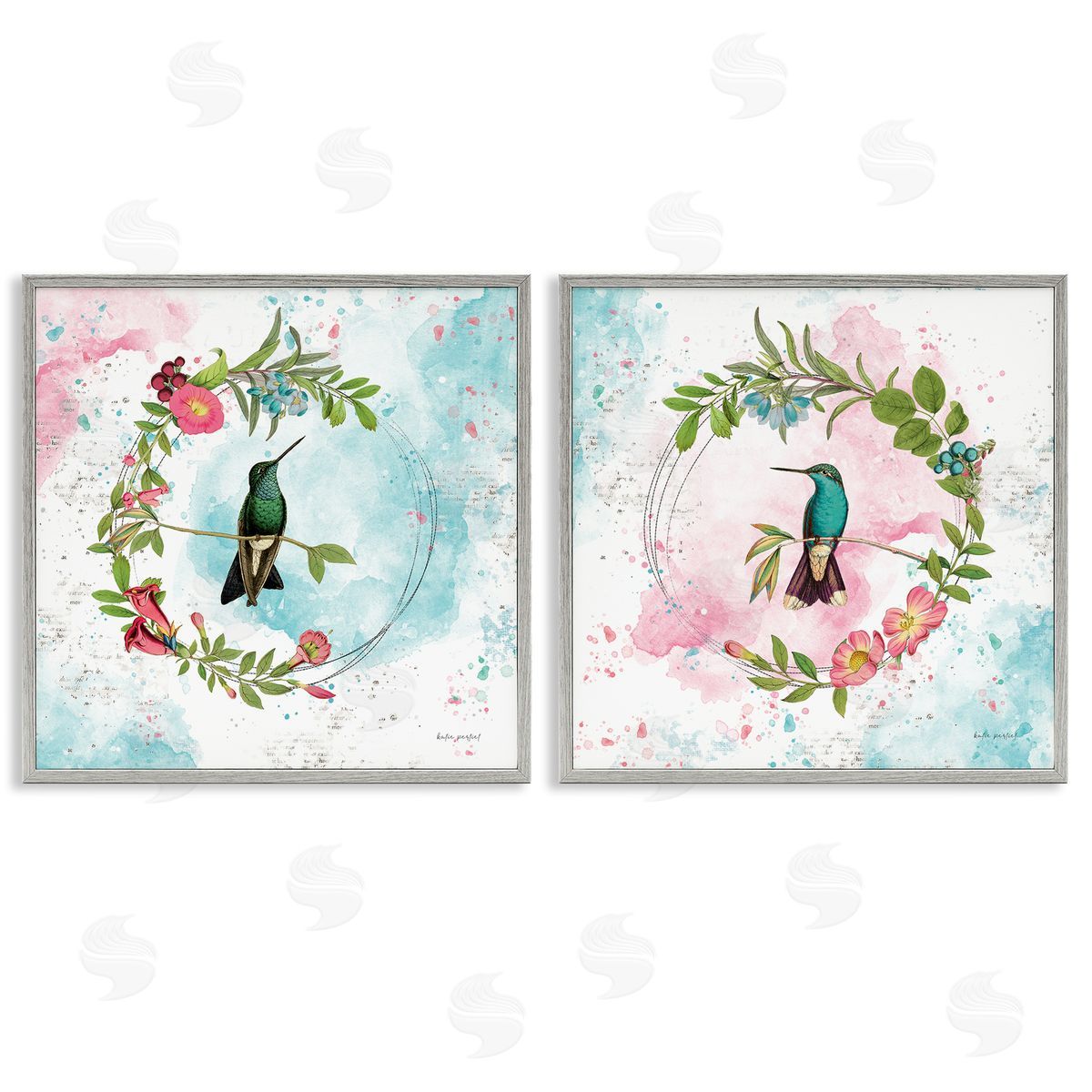 Hummingbirds in Wreaths Grey Frame Print Wall Art, Home Decor by Katie Pertiet