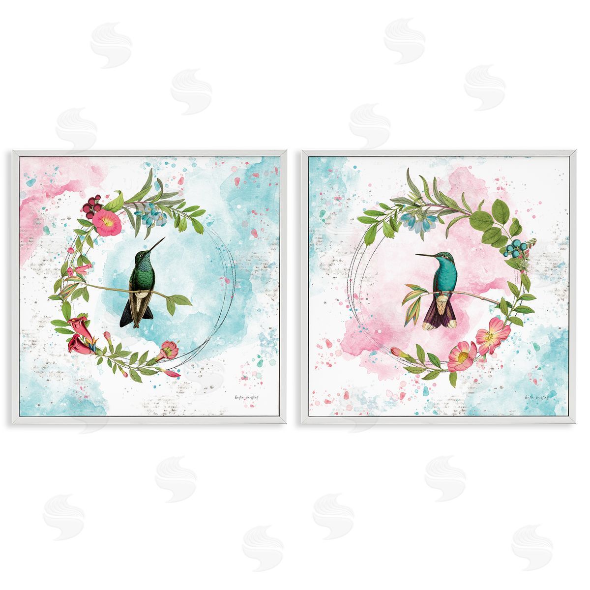 Hummingbirds in Wreaths White Frame Print Wall Art, Home Decor by Katie Pertiet
