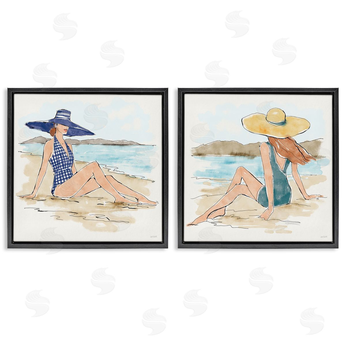 Bathing Beauties on Beach Black Floating Frame Canvas Wall Art, Home Decor by Anne Tavoletti