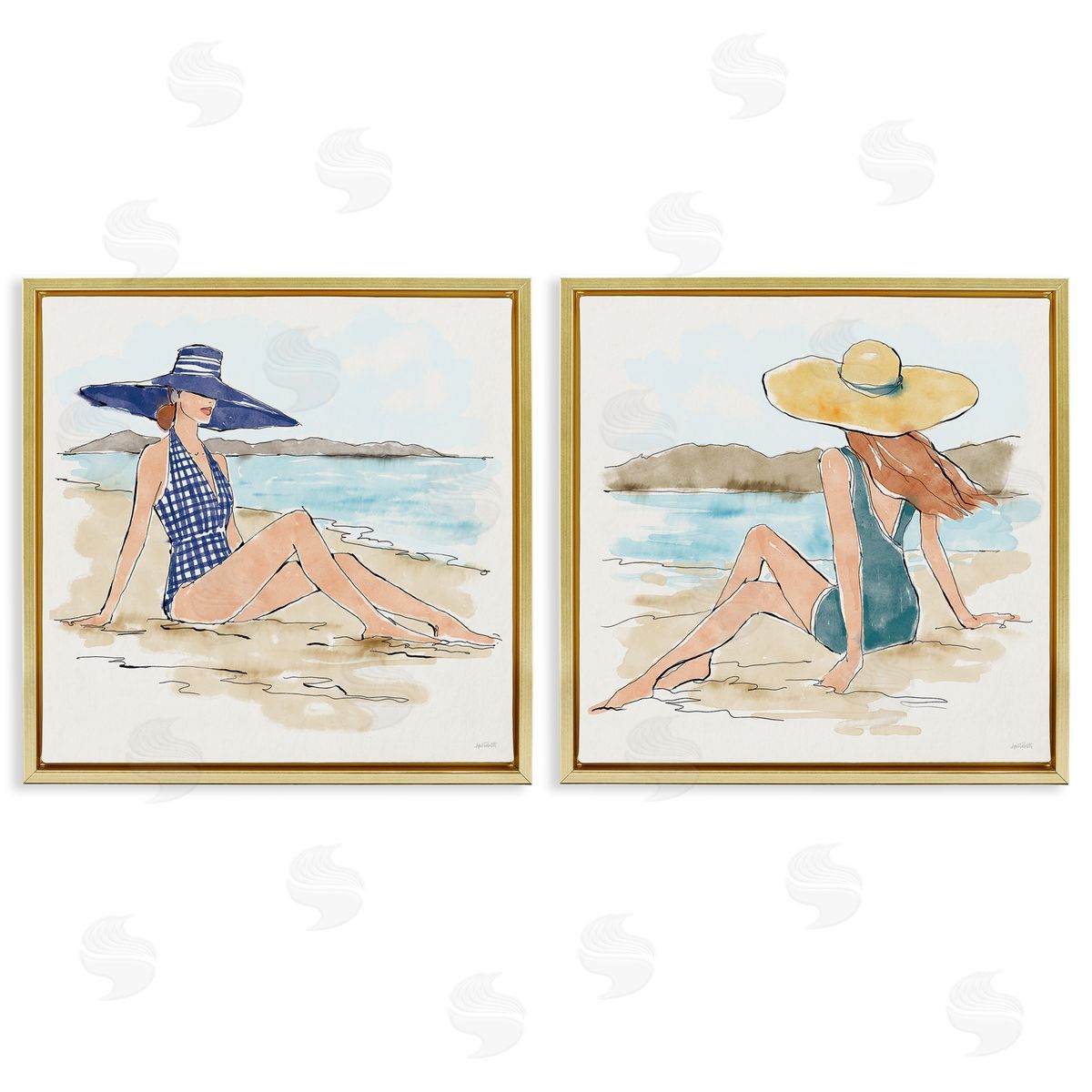Bathing Beauties on Beach Gold Floating Frame Canvas Wall Art, Home Decor by Anne Tavoletti