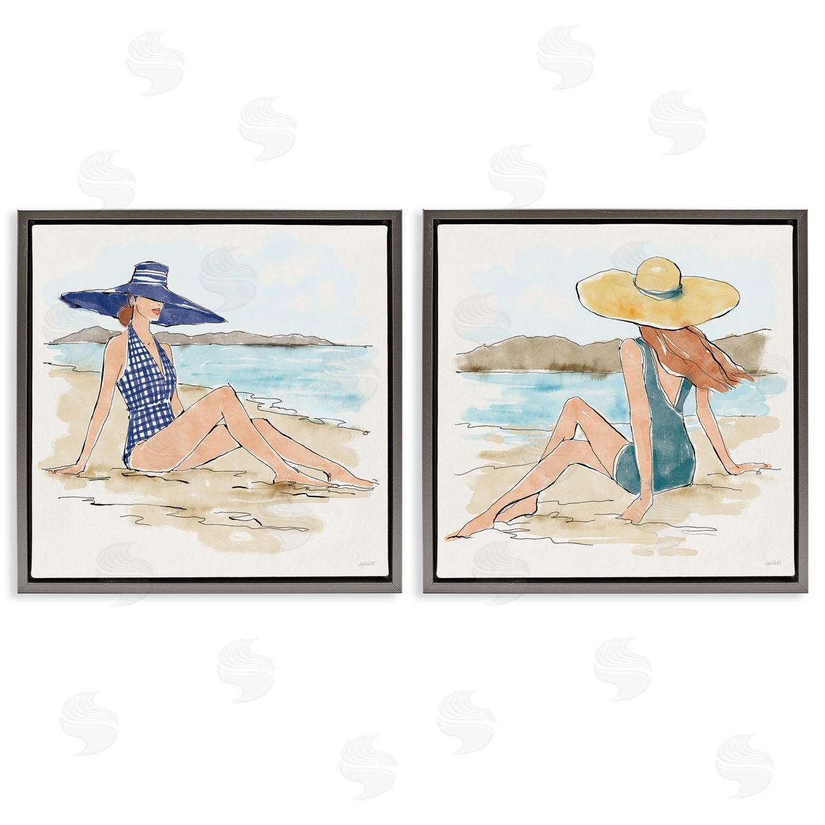 Bathing Beauties on Beach Grey Floating Frame Canvas Wall Art, Home Decor by Anne Tavoletti