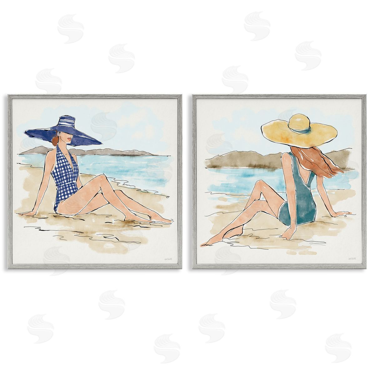 Bathing Beauties on Beach Grey Frame Print Wall Art, Home Decor by Anne Tavoletti