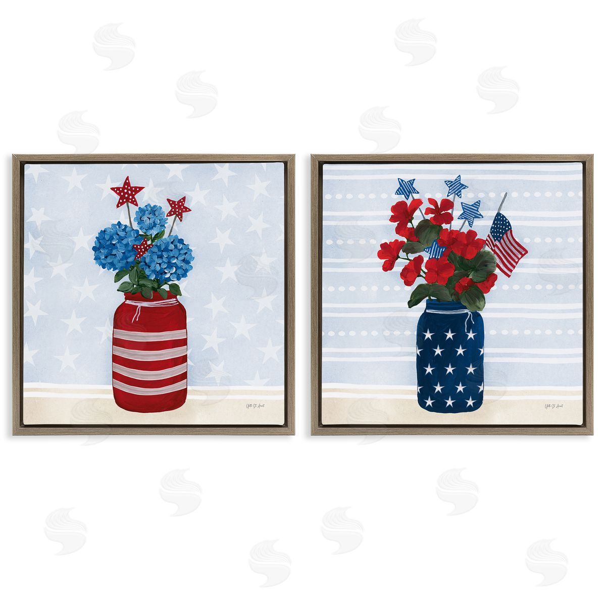 Patriotic Stripes & Stars Florals Brown Floating Frame Canvas Wall Art, Home Decor by Yvette St. Amant