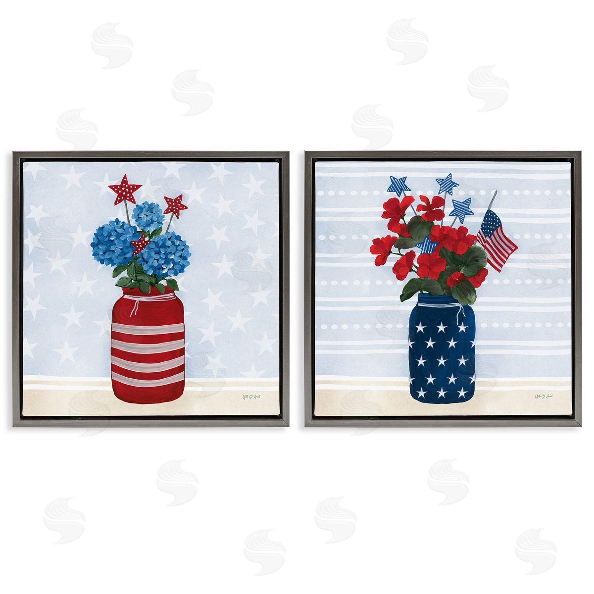 Patriotic Stripes & Stars Florals Grey Floating Frame Canvas Wall Art, Home Decor by Yvette St. Amant