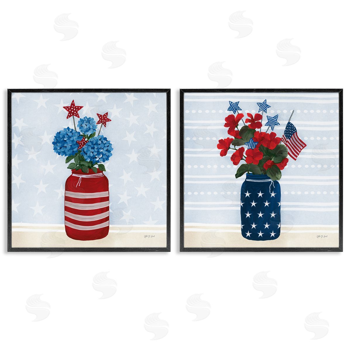 Patriotic Stripes & Stars Florals Black Frame Print Wall Art, Home Decor by Yvette St. Amant