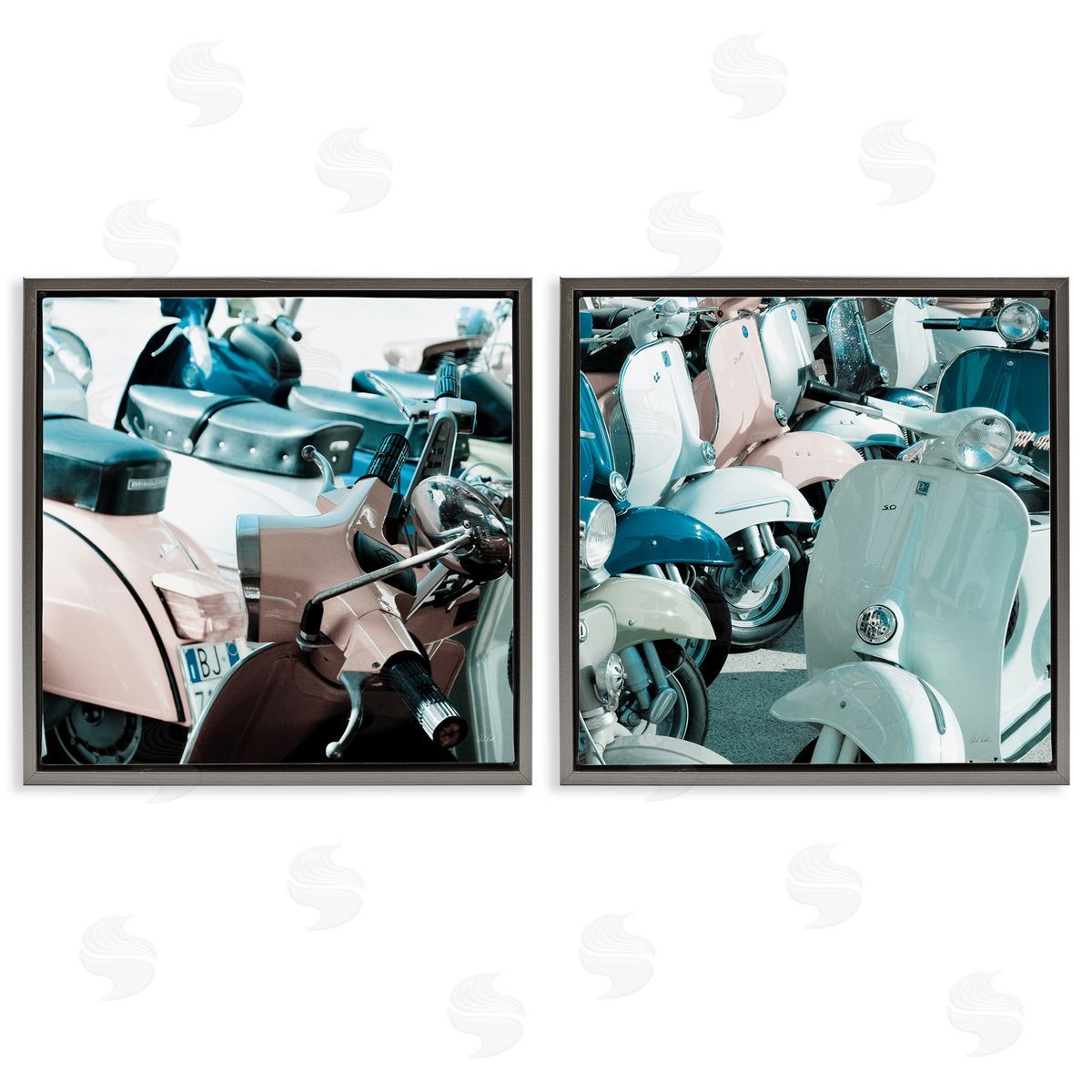 Italian Scooters in Pastels Grey Floating Frame Canvas Wall Art, Home Decor by Deborah Revell