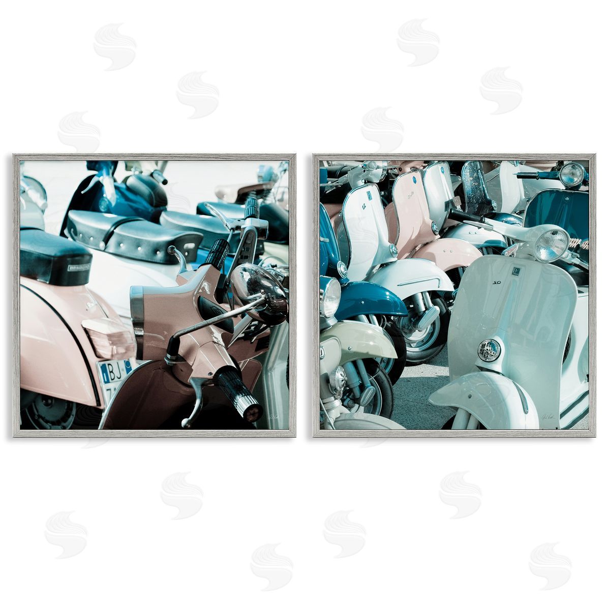 Italian Scooters in Pastels Grey Frame Print Wall Art, Home Decor by Deborah Revell