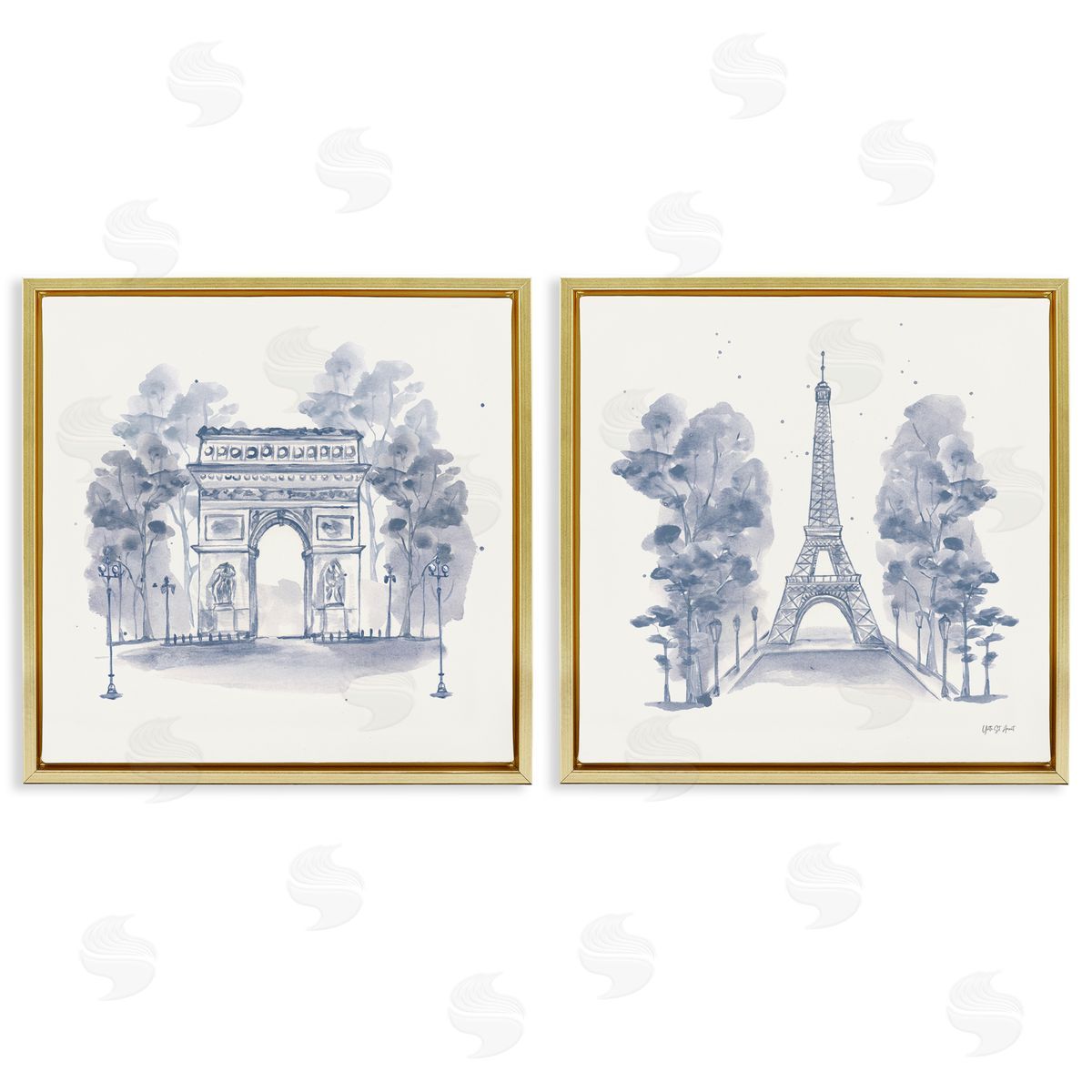 French Landmarks in Blue Gold Floating Frame Canvas Wall Art, Home Decor by Yvette St. Amant