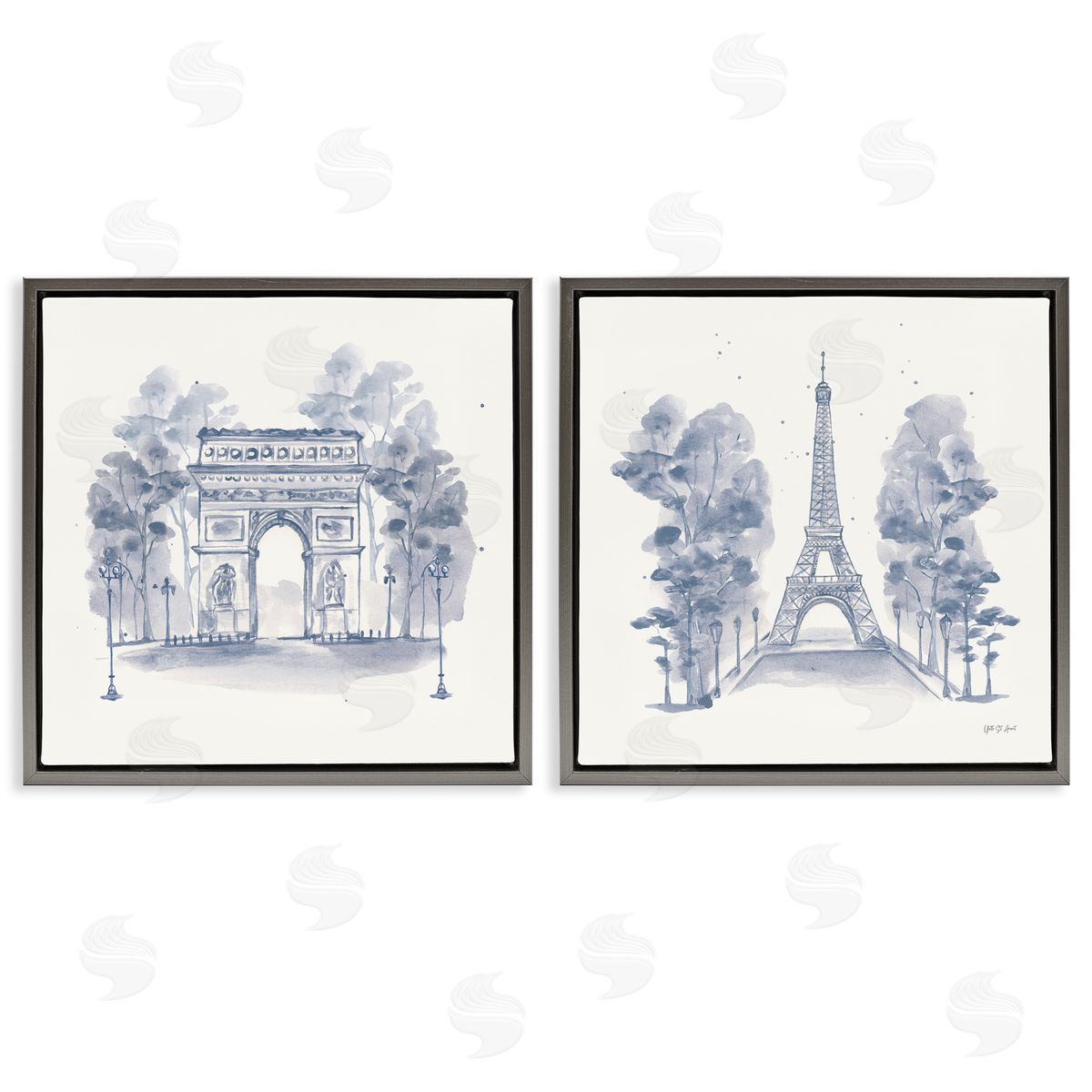 French Landmarks in Blue Grey Floating Frame Canvas Wall Art, Home Decor by Yvette St. Amant