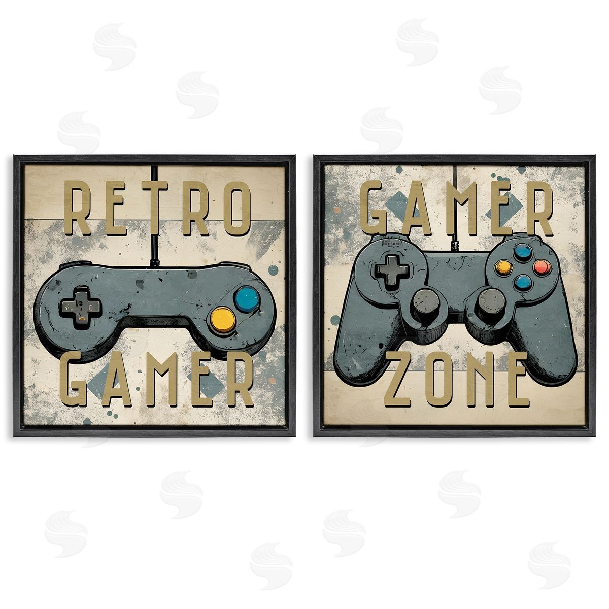 Retro Gamer Controllers Black Floating Frame Canvas Wall Art, Home Decor by Kim Allen