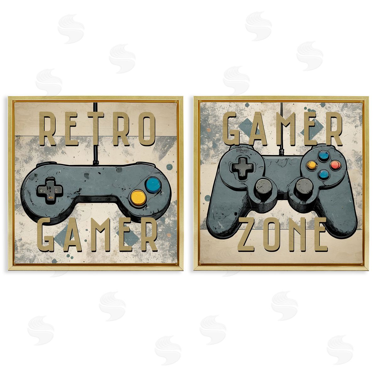 Retro Gamer Controllers Gold Floating Frame Canvas Wall Art, Home Decor by Kim Allen