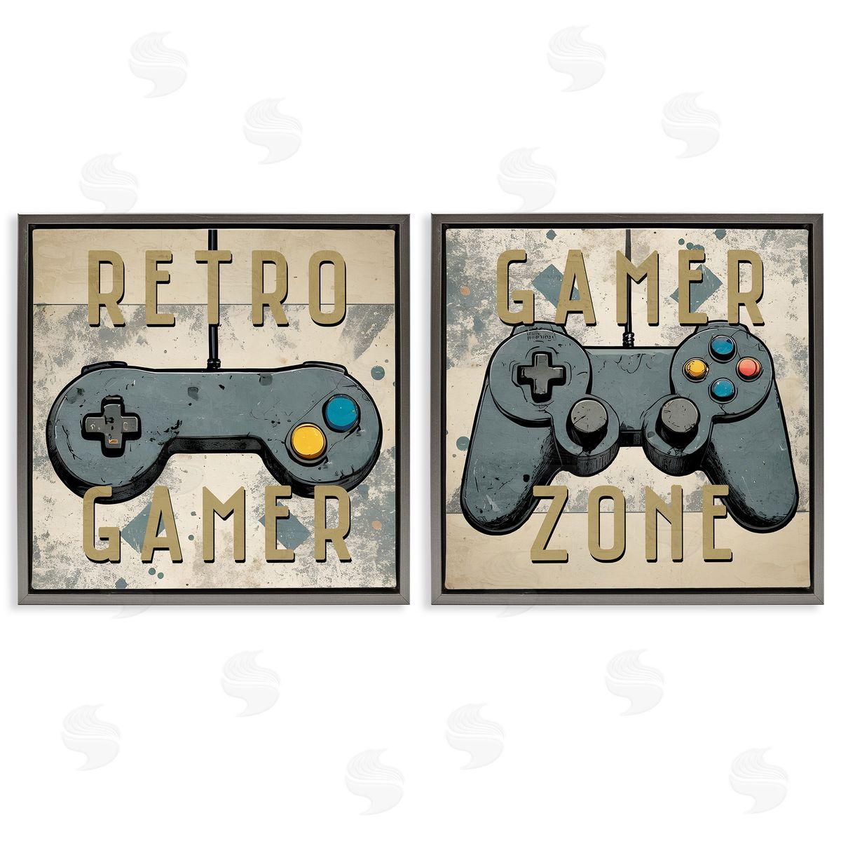 Retro Gamer Controllers Grey Floating Frame Canvas Wall Art, Home Decor by Kim Allen