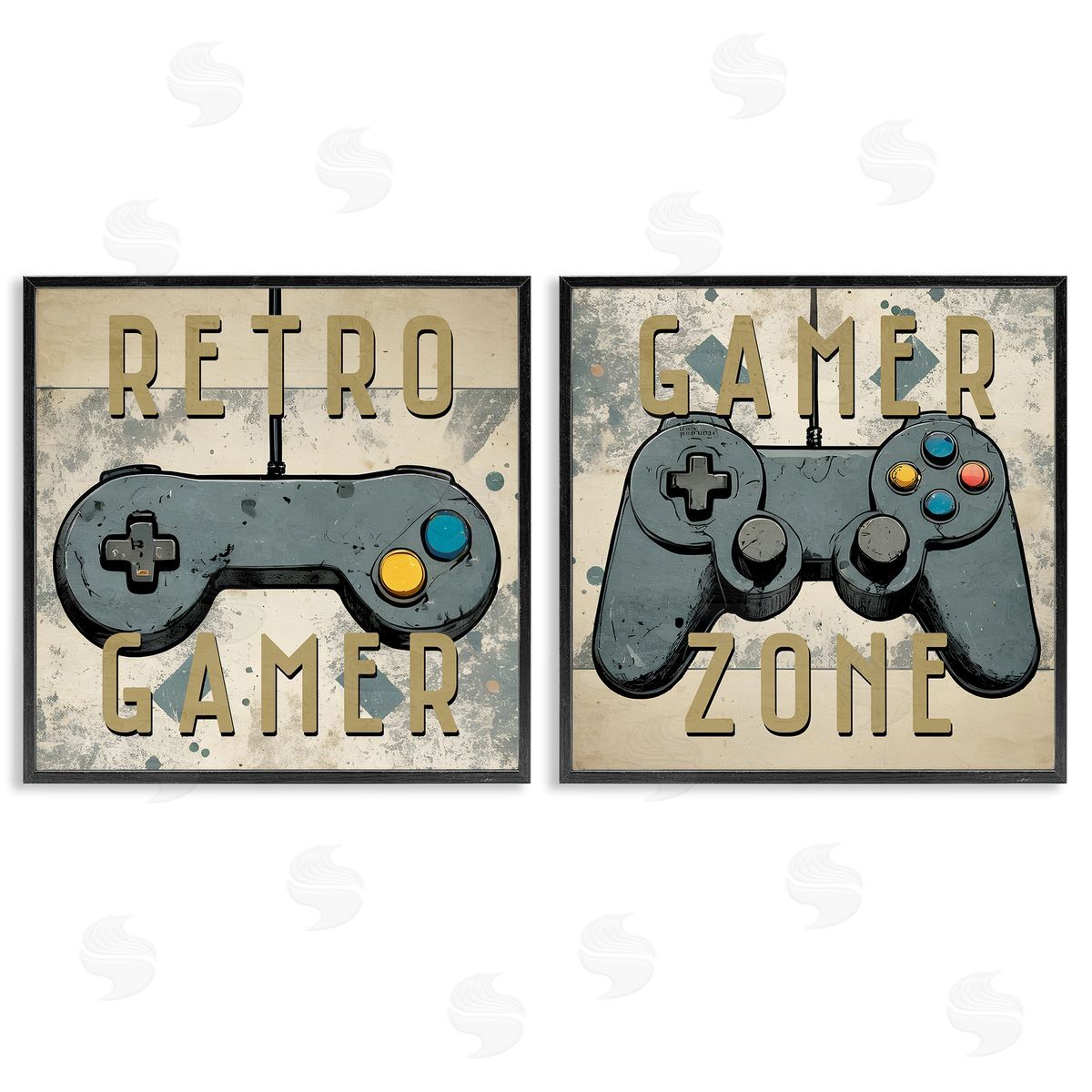 Retro Gamer Controllers Black Frame Print Wall Art, Home Decor by Kim Allen