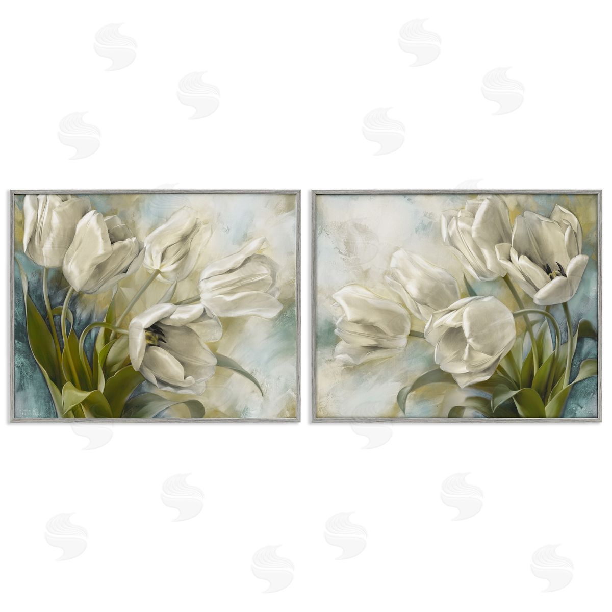 Tulips Curved Left & Right Grey Frame Print Wall Art, Home Decor by Igor Levashov