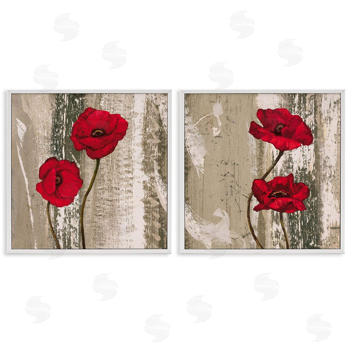 Bright Red Blooms on Rustic White Frame Print Wall Art, Home Decor by Brian Foster