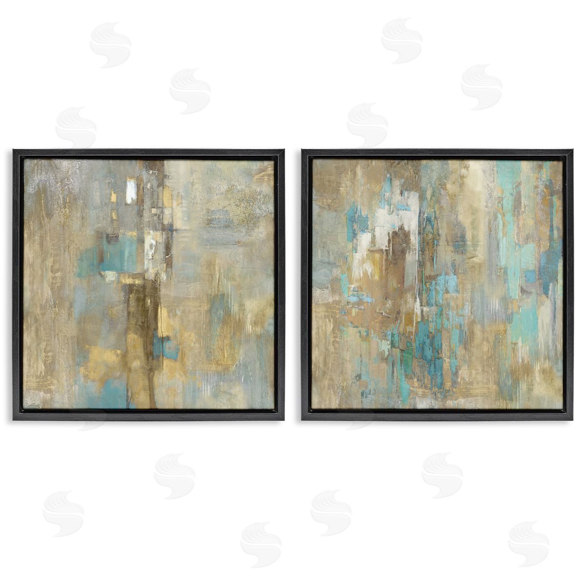 Blue & Rustic Gold Composition Black Floating Frame Canvas Wall Art, Home Decor by Justin Turner
