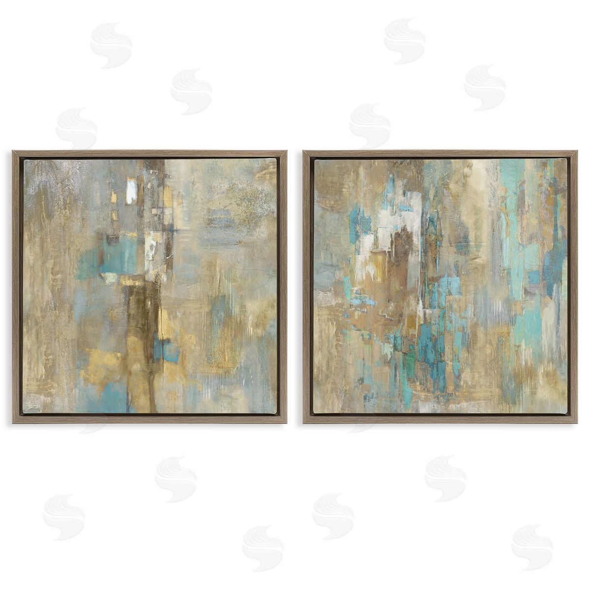Blue & Rustic Gold Composition Brown Floating Frame Canvas Wall Art, Home Decor by Justin Turner