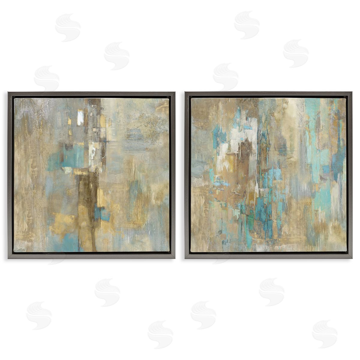 Blue & Rustic Gold Composition Grey Floating Frame Canvas Wall Art, Home Decor by Justin Turner