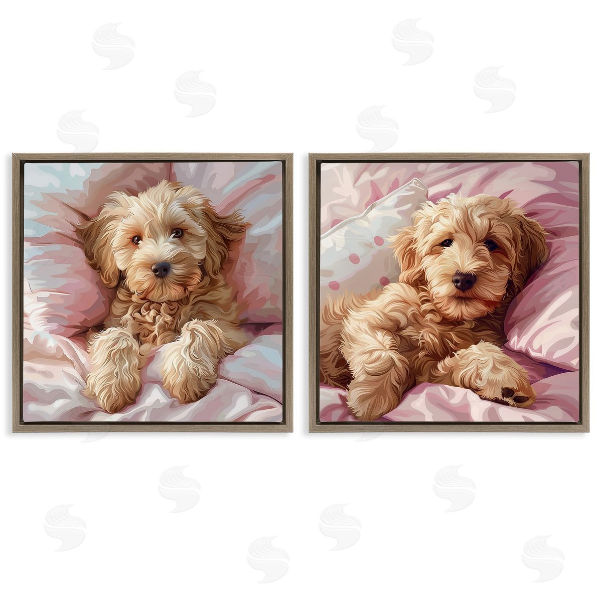 Cuddling Labradoodle in Bed Brown Floating Frame Canvas Wall Art, Home Decor by Jim Baldwin