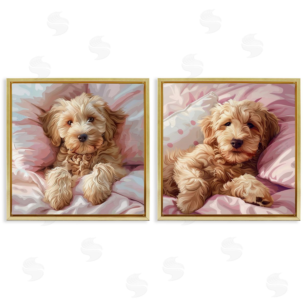 Cuddling Labradoodle in Bed Gold Floating Frame Canvas Wall Art, Home Decor by Jim Baldwin