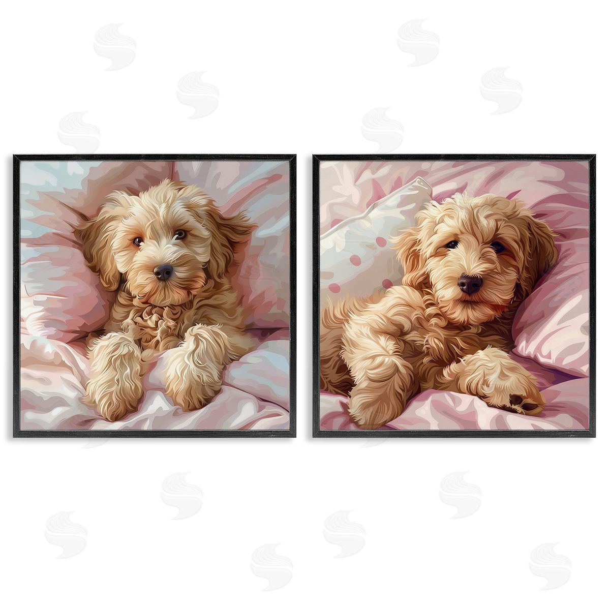 Cuddling Labradoodle in Bed Black Frame Print Wall Art, Home Decor by Jim Baldwin