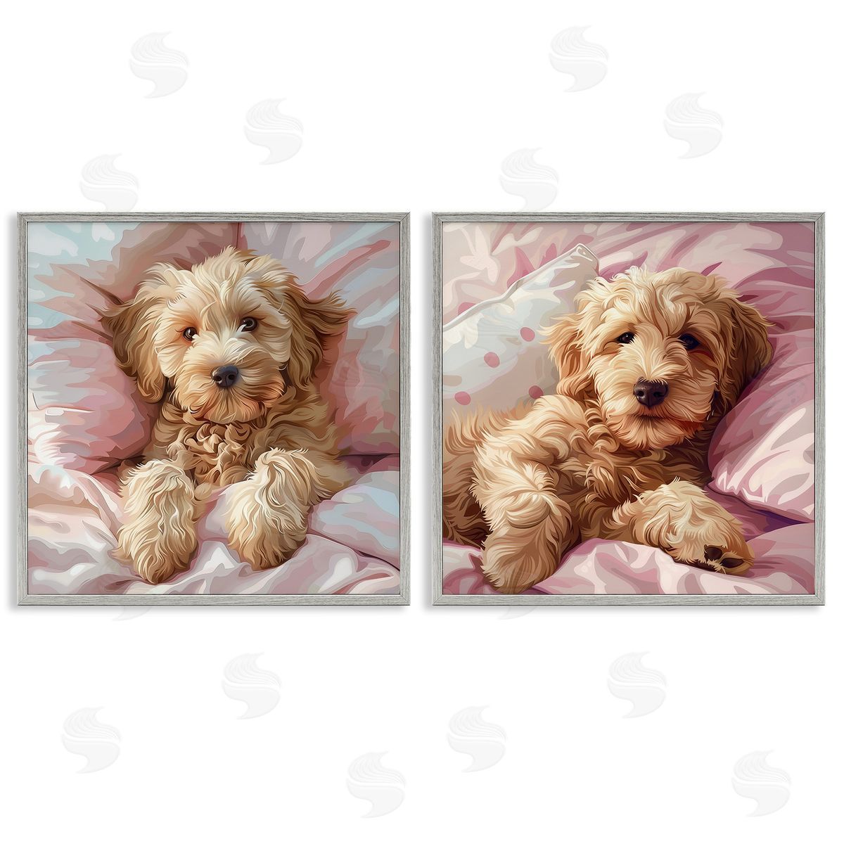 Cuddling Labradoodle in Bed Grey Frame Print Wall Art, Home Decor by Jim Baldwin