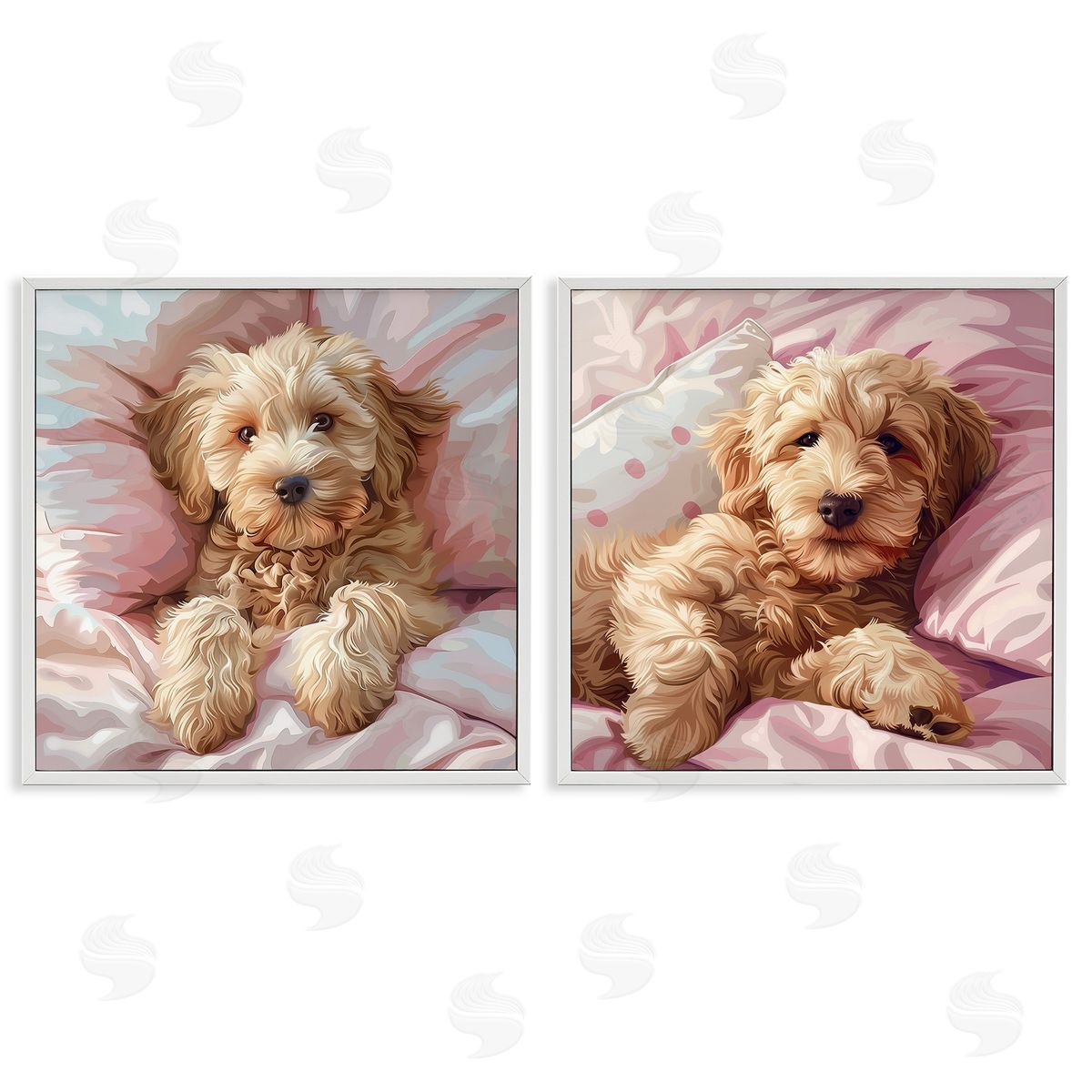Cuddling Labradoodle in Bed White Frame Print Wall Art, Home Decor by Jim Baldwin