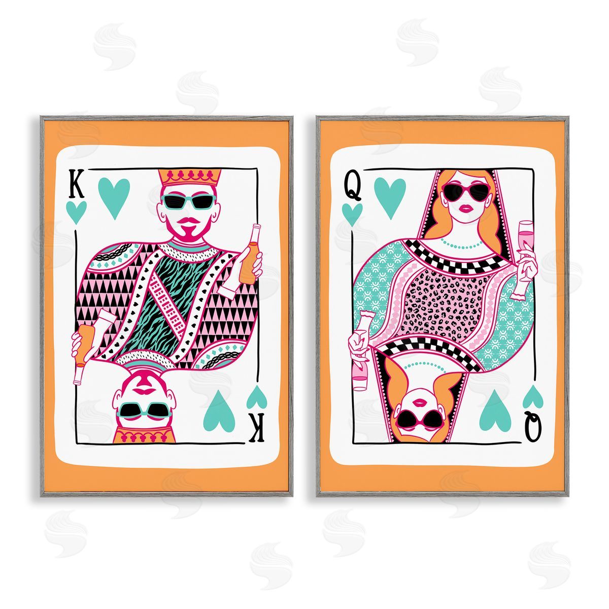 King & Queen of Hearts Grey Frame Print Wall Art, Home Decor by JJ Design House LLC