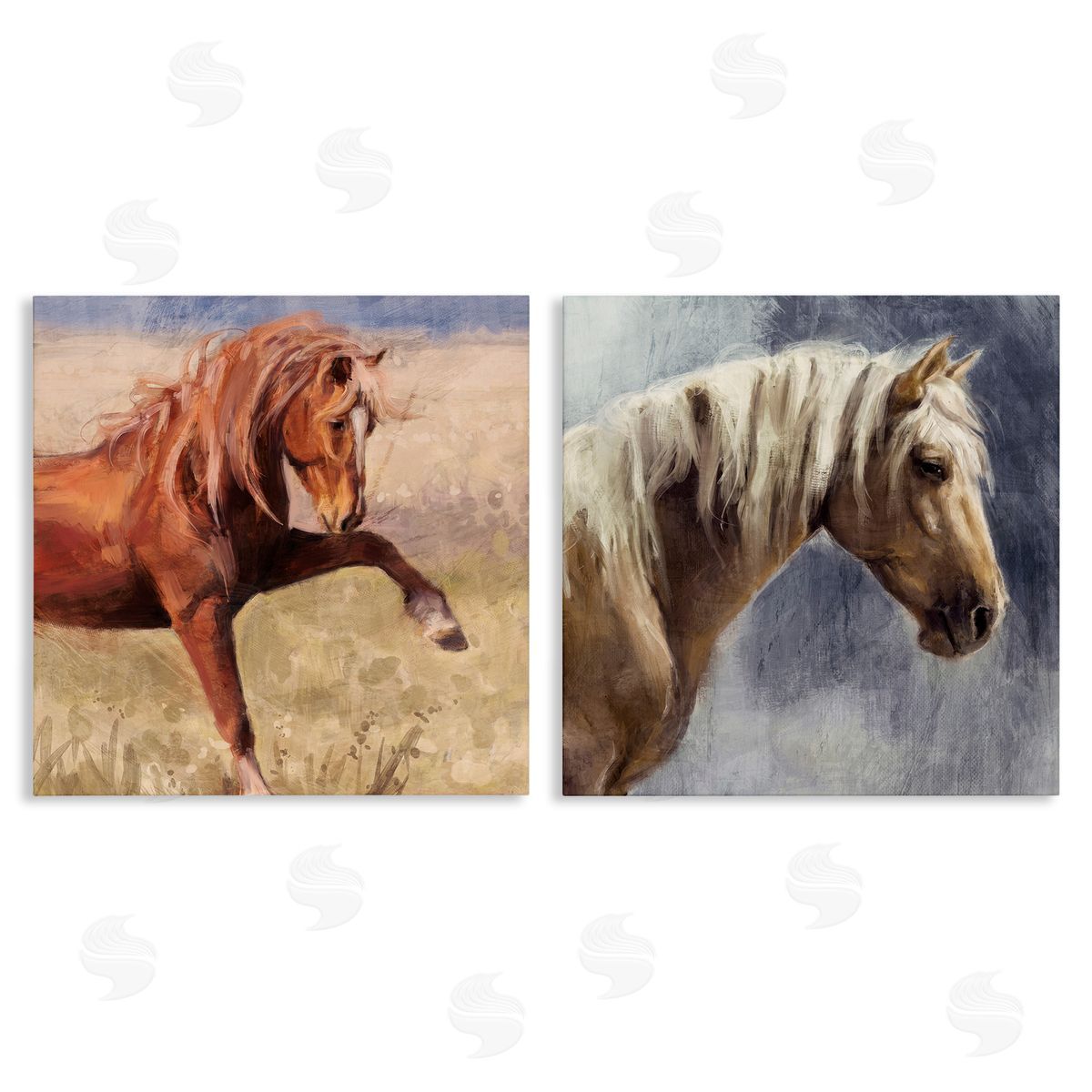 Rustic Stallions Portraits Canvas Wall Art, Home Decor by Nina Blue