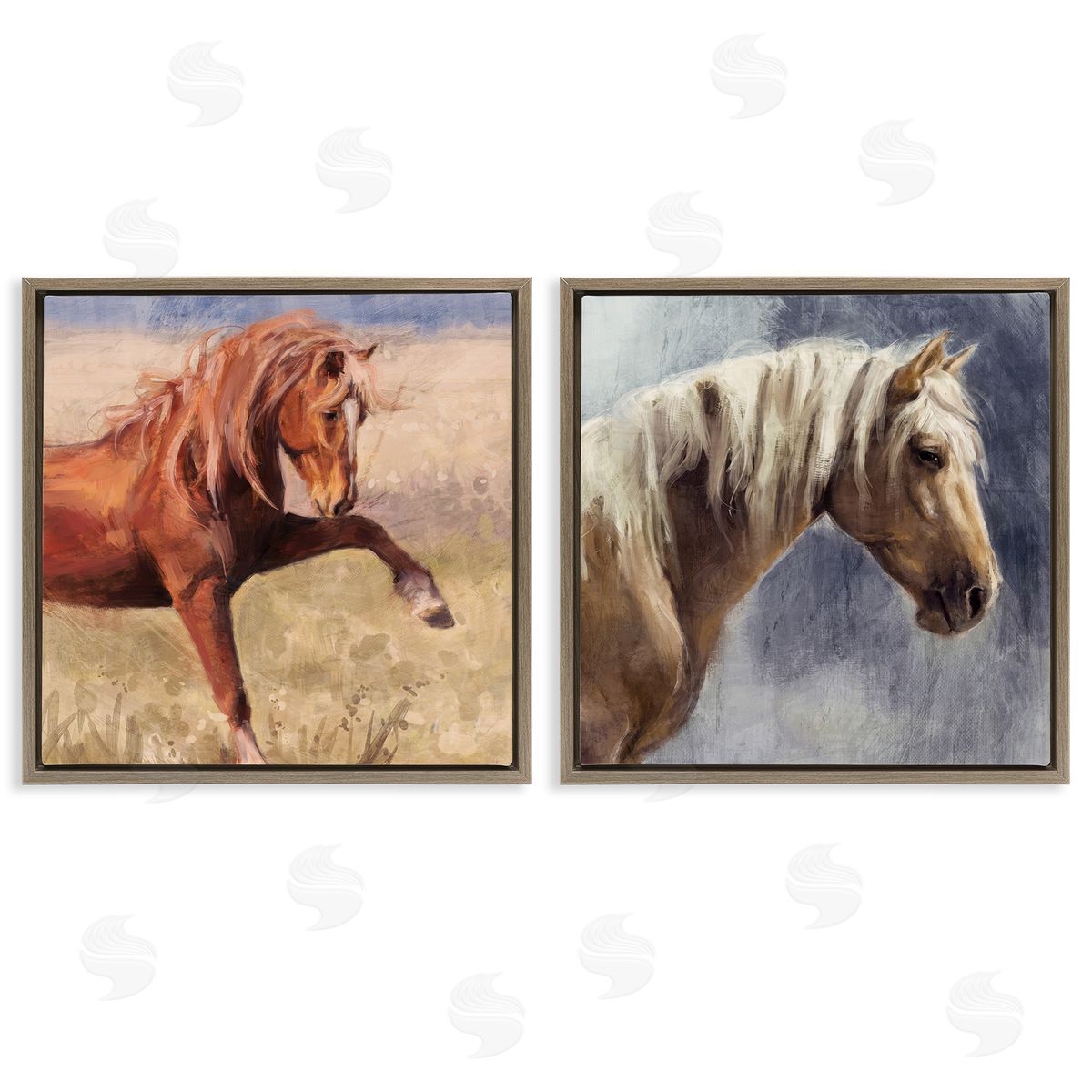 Rustic Stallions Portraits Brown Floating Frame Canvas Wall Art, Home Decor by Nina Blue