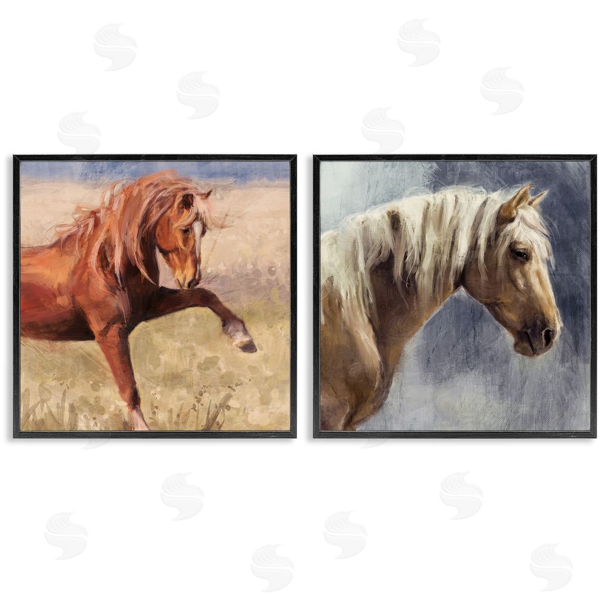 Rustic Stallions Portraits Black Frame Print Wall Art, Home Decor by Nina Blue