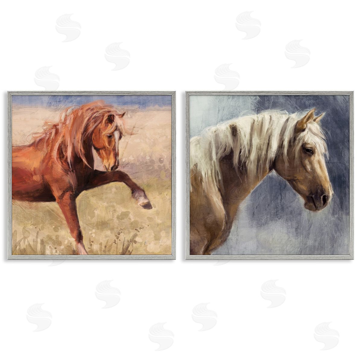Rustic Stallions Portraits Grey Frame Print Wall Art, Home Decor by Nina Blue